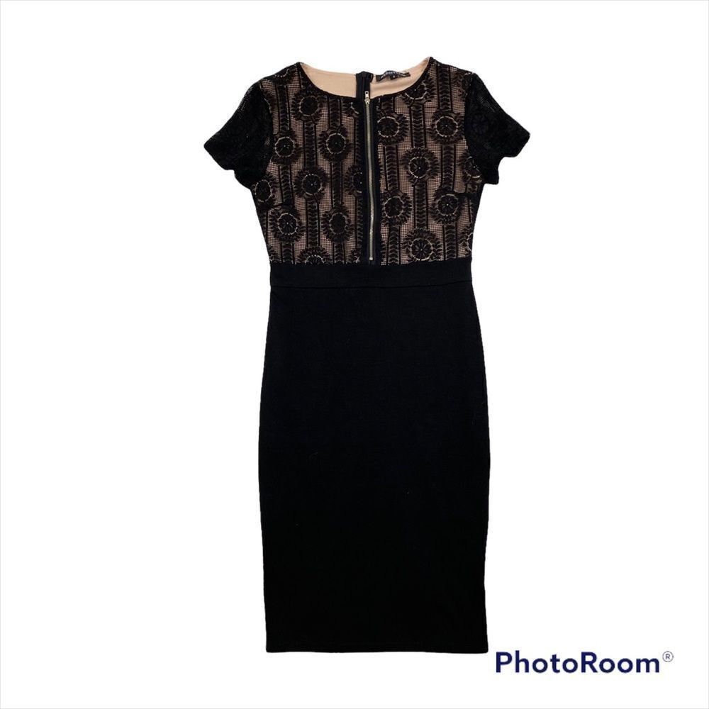 Ladies Rephyllis Black Lace Top Nude Underlay Midi‎ Length Dress Size Small